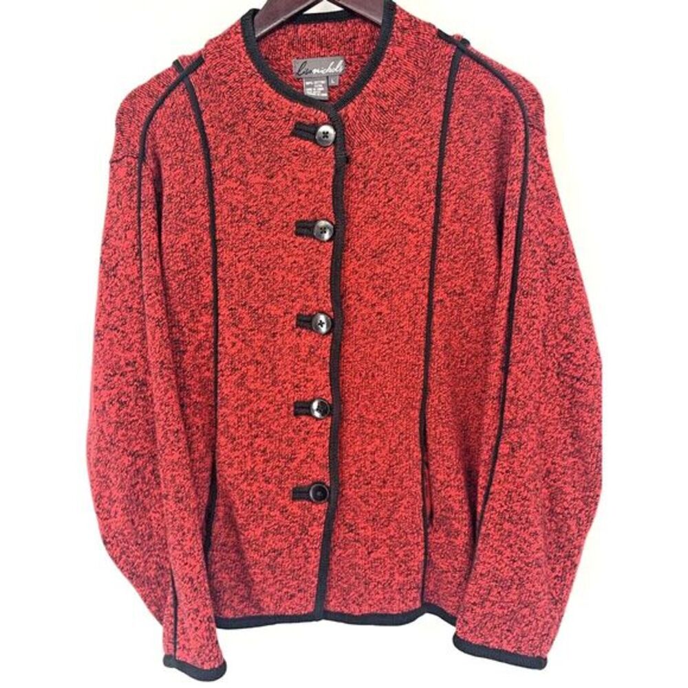 Lisa Nichols Red with Black Trim Button Down Women's Cardigan Sweater Size Large - Picture 10 of 10